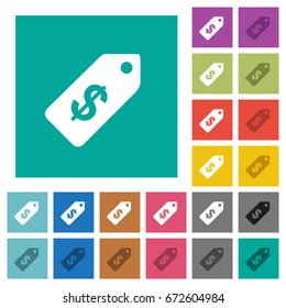 Dollar price label multi colored flat icons on plain square backgrounds. Included white and darker icon variations for hover or active effects.