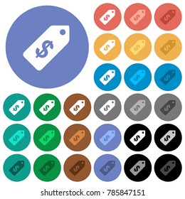 Dollar price label multi colored flat icons on round backgrounds. Included white, light and dark icon variations for hover and active status effects, and bonus shades on black backgounds.