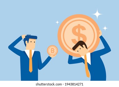 Dollar price is much higher than the bitcoin, Vector illustration in flat style