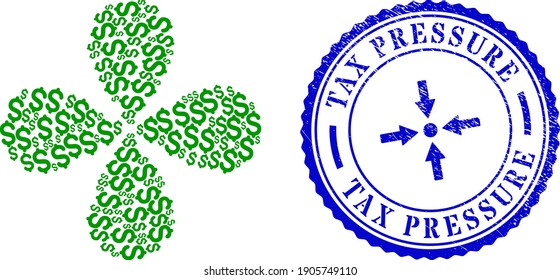 Dollar price swirl twist, and blue round TAX PRESSURE unclean seal with icon inside. Object flower with 4 petals composed from oriented dollar price symbols. Vector flower collage in flat style.