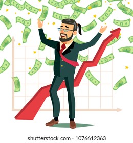 Dollar Rain Businessman Vector. Manager And Under Money Rain. Cash Money Shower. Isolated Flat Cartoon Character Illustration