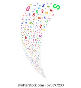 Dollar random fireworks stream. Vector illustration style is flat bright multicolored iconic symbols on a white background. Object fountain organized from scattered pictographs.