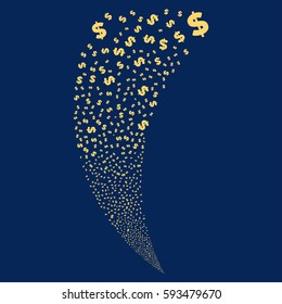 Dollar random fireworks stream. Vector illustration style is flat yellow iconic symbols on a blue background. Object fountain combined from scattered icons.