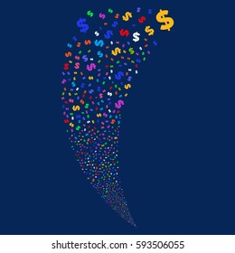 Dollar random fireworks stream. Vector illustration style is flat bright multicolored iconic symbols on a blue background. Object fountain combined from scattered icons.