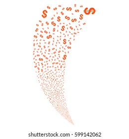 Dollar random fireworks stream. Vector illustration style is flat orange iconic symbols on a white background. Object fountain made from scattered pictographs.
