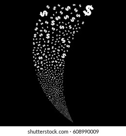 Dollar random fireworks stream. Vector illustration style is flat white iconic symbols on a black background. Object fountain organized from scattered pictograms.