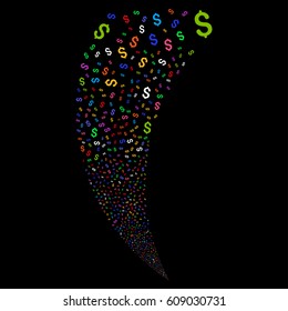 Dollar random fireworks stream. Vector illustration style is flat bright multicolored iconic symbols on a black background. Object fountain done from scattered pictograms.