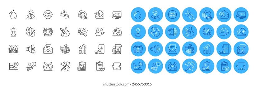 Dollarrate, Pinsel und Puzzle-Linie Symbole packen. Energy Preis, Budgetbuchhaltung, Web des genehmigten Berichts. Diskriminierung, Währungsumtausch, Safe Time Piktogramm. Partnerschaft. Vektorgrafik