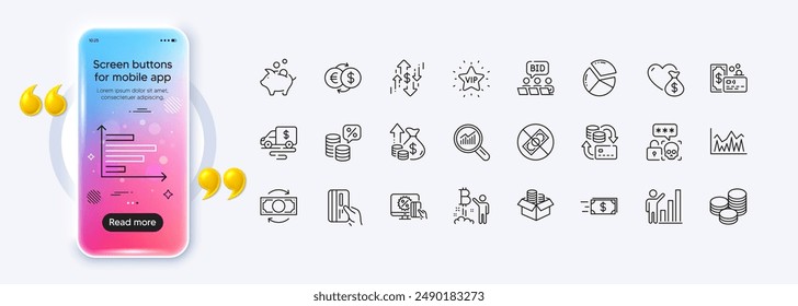 Iconos de la línea de la estrella del ciberataque y de la tarifa del dólar para el App del Web. Pantalla de degradado de maqueta de teléfono. Paquete de tránsito de efectivo, compras en línea, iconos de pictogramas de inflación. Tarjeta, Consejos, Gráficos gráficos. Vector