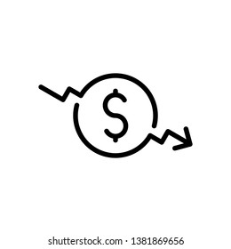 Dollar rate decrease vector line icon. Money symbol with down arrow. Lower cost icon. Business lost crisis decrease vector illustration. Editable stroke