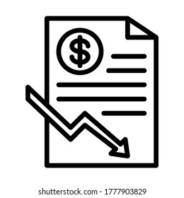 Dollar rate decrease vector line icon. Money symbol with down arrow. Stock exchange linear icon, sign, symbol, vector on isolated background. Editable stroke.