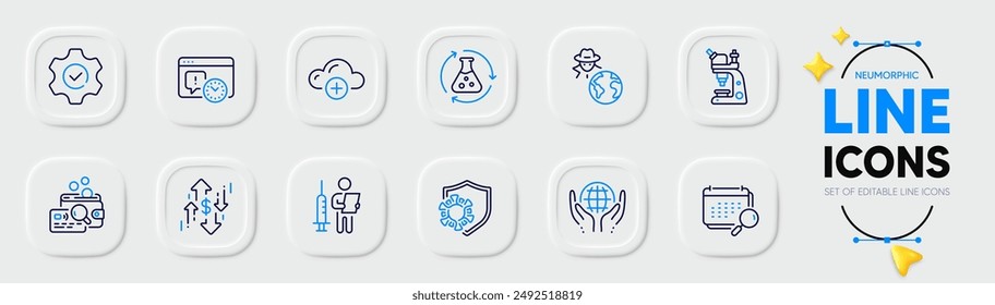 Dollar rate, Execute and Project deadline line icons for web app. Pack of Calendar, Vaccination announcement, Coronavirus pictogram icons. Fraud, Inspect, Chemistry experiment signs. Vector