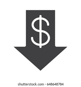 Dollar rate falling glyph icon. Silhouette symbol. USA dollar with down arrow. Negative space. Vector isolated illustration