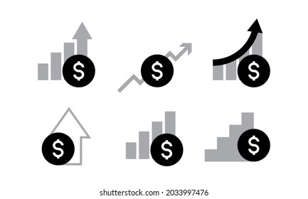 Icono de aumento de la barra gráfica de la tasa de dólar. Se eleva el símbolo del dinero con una flecha en alza. Ilustración vectorial del icono de crecimiento del valor comercial. Aumento del sueldo en efectivo de los costos de las actividades empresariales. inversión