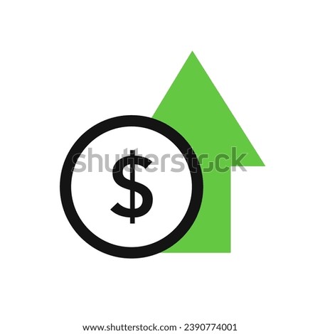 Dollar rate increase. Cost rising icon with money sign and growth arrow. Increase price, higher profit. vector