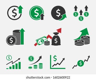 dollar rate increase, currency growth icon set