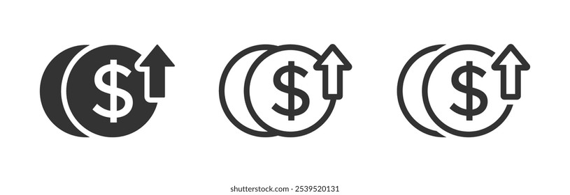 Icono de aumento de la tasa de dólar. Ilustración vectorial de aumento de costes. El dinero aumenta las señales de Vector