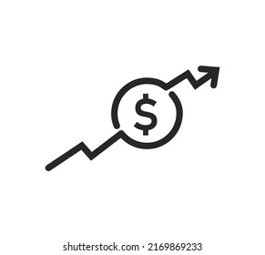 dollar rate increase icon. Money symbol with stretching arrow up. rising prices. Business cost sale icon. cash salary increase. investment growth. vector illustration
