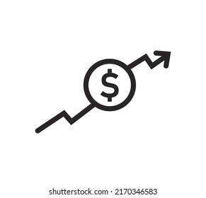 dollar rate increase icon. Money symbol with stretching arrow up. rising prices. Business cost sale icon. cash salary increase. investment growth. vector illustration
