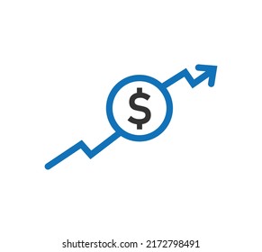 dollar rate increase icon. Money symbol with stretching arrow up. rising prices. Business cost sale icon. cash salary increase. investment growth. vector illustration
