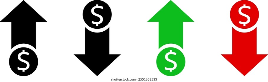 Dollar rate increase  icon set. Business money cash increase sign. Dollar increase