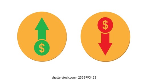 Dollar rate increase icon set, coin sign with arrow up and down
