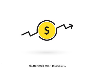 Dollar rate increase. Money symbol with arrow up. Cash salary increase, investment growth. money gain, earnings.