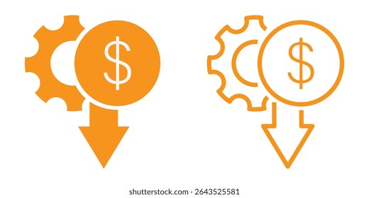 Dollar rate increase vector icon. Manufacturing cost reduction sign. Cost reduction vector graphic icons. Rise cost icon vector illustration. 