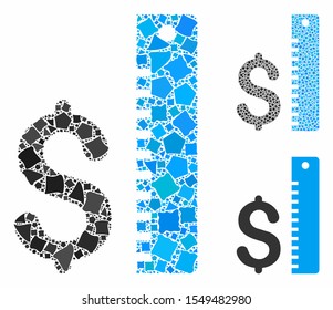 Dollar rate mosaic of ragged items in different sizes and shades, based on dollar rate icon. Vector inequal parts are grouped into collage. Dollar rate icons collage with dotted pattern.