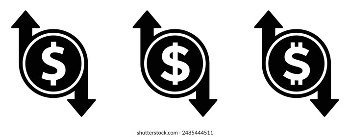 Dollar rate rise and fall vector signs. Cost increase and decrease vector icons