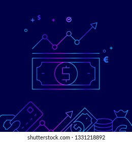 Dollar Rate Vector Line Illustration. Money Related Gradient Icon, Symbol, Pictogram, Sign. Dark Blue Background. Light Abstract Geometric Background. Related Bottom Border