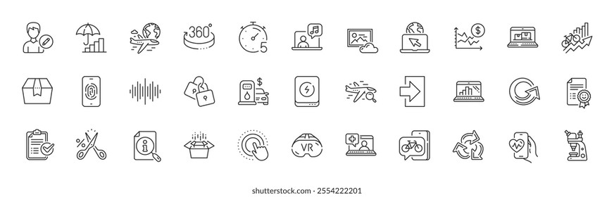 Dollar rate, Web inventory and Click hand line icons. Pack of Inflation, Cardio training, Graph laptop icon. Survey checklist, Medical help, 360 degrees pictogram. Search flight, Login, Music. Vector