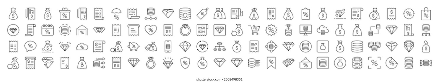 Dollar, Receipt, Diamond, Percent Line Icon Set. Editable Stroke. Minimalistic Linear Pictogram for Design of Cards, Apps, Banners, Posts