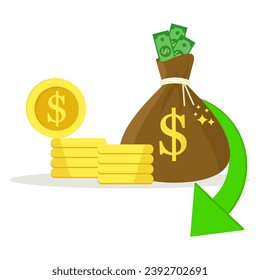 Dollar recession concept. Dollar loss, fixed amount of money with down arrow