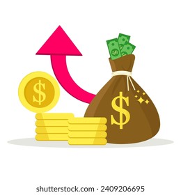 Dollar recession concept. Dollar loss, fixed amount of money with up arrow	