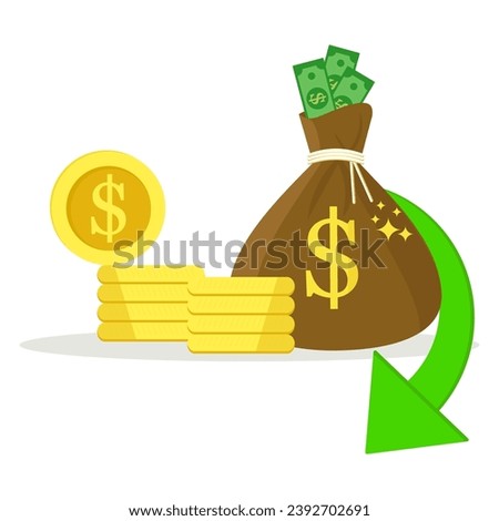 Dollar recession concept. Dollar loss, fixed amount of money with down arrow