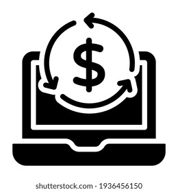 Dollar with recycling arrows inside laptop, cash flow icon