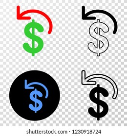 Dollar refund EPS vector pictograph with contour, black and colored versions. Illustration style is flat iconic symbol on chess transparent background.