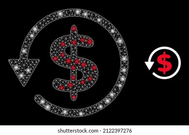 Icono de devolución en dólares y modelo de reembolso en malla de constelación neto en dólares con manchas luminosas brillantes. Modelo iluminado hecho a partir del icono del vector de devolución en dólares y malla poligonal.
