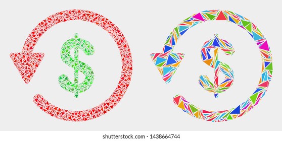 Dollar refund mosaic icon of triangle items which have different sizes and shapes and colors. Geometric abstract vector illustration of dollar refund.