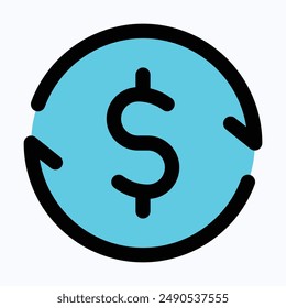 Dollar Refund Vector Icon, Money Transfer, Isolated Lineal Color Vector Icon.