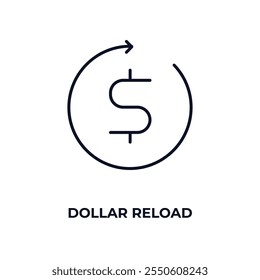 Icono de esquema de recarga de dólares. Vector lineal del concepto de criptomoneda. Icono de recarga de dólares de línea delgada aislado en fondo blanco