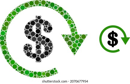 Dollar repay vector mosaic of small circles in variable sizes and color hues. Small circles are organized into dollar repay vector composition. Abstract vector illustration.