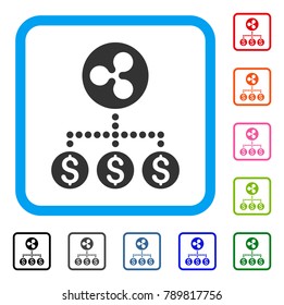 Dollar Ripple Relations icon. Flat gray iconic symbol inside a blue rounded rectangle. Black, gray, green, blue, red, orange color variants of Dollar Ripple Relations vector.