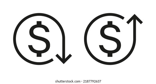 Icono de subida y caída del dólar. Las monedas aumentan y disminuyen el símbolo financiero.