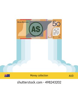 Dollar rising as a rocket. Increase of dollar on international financial markets. Australian dollar banknote. 