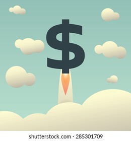 Dollar rising as a rocket. Increase of dollar value on international financial markets symbol in vintage style. Eps10 vector illustration