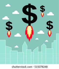 Dollar rising as a rocket. Vector Illustration