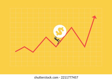 dollar rising up, price increase, currency value growth concept, businessman investor trying hard to push dollar coin up rising up arrow graph and chart