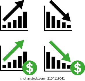 Dollar rising-falling chart flat vector icons in white background